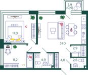 Планировка 2-комнатной квартиры, 74,5 м2