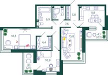Планировка 3-комнатной квартиры, 87,4 м2