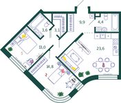 Планировка 2-комнатной квартиры, 72,4 м2