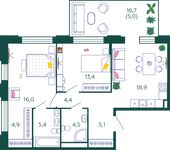 Планировка 2-комнатной квартиры, 77,6 м2