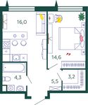 Планировка 1-комнатной квартиры, 43,6 м2