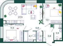 Планировка 2-комнатной квартиры, 72,7 м2