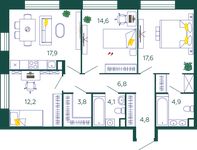 Планировка 3-комнатной квартиры, 86,7 м2