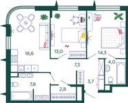 Планировка 2-комнатной квартиры, 71,5 м2