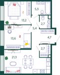 Планировка 2-комнатной квартиры, 68,9 м2