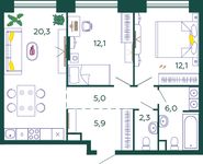 Планировка 2-комнатной квартиры, 63,7 м2