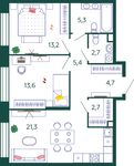 Планировка 2-комнатной квартиры, 68,9 м2