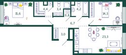 Планировка 2-комнатной квартиры, 75,7 м2