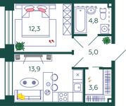 Планировка 1-комнатной квартиры, 39,6 м2