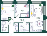 Планировка 2-комнатной квартиры, 60 м2
