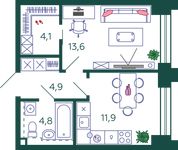Планировка 1-комнатной квартиры, 39,3 м2