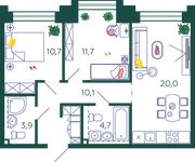 Планировка 2-комнатной квартиры, 61,1 м2