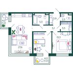 Планировка 2-комнатной квартиры, 75,6 м2