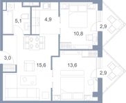 Планировка 3-комнатной квартиры, 58,8 м2