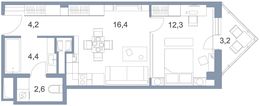 Планировка 2-комнатной квартиры, 44,2 м2
