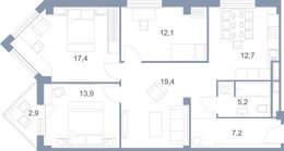 Планировка 3-комнатной квартиры, 93,6 м2