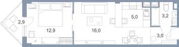 Планировка 2-комнатной квартиры, 43 м2