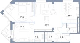 Планировка 3-комнатной квартиры, 90,4 м2