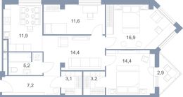 Планировка 3-комнатной квартиры, 93,6 м2