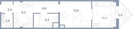Планировка 2-комнатной квартиры, 51,6 м2