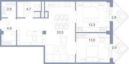 Планировка 3-комнатной квартиры, 80,5 м2