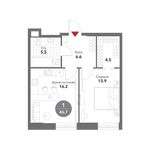 Планировка 1-комнатной квартиры, 46,7 м2