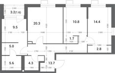 Планировка 3-комнатной квартиры, 89,7 м2