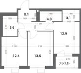 Планировка 2-комнатной квартиры, 61,8 м2