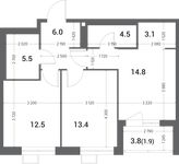 Планировка 2-комнатной квартиры, 61,7 м2