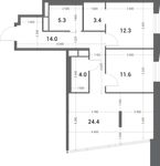 Планировка 2-комнатной квартиры, 75 м2