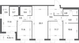 Планировка 4-комнатной квартиры, 105,6 м2