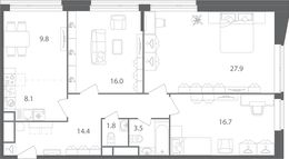 Планировка 3-комнатной квартиры, 98,2 м2