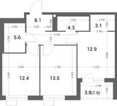 Планировка 2-комнатной квартиры, 61,8 м2