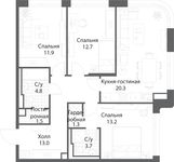 Планировка 3-комнатной квартиры, 82,2 м2