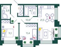 Планировка 2-комнатной квартиры, 62,6 м2