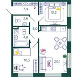 Планировка 2-комнатной квартиры, 56,3 м2