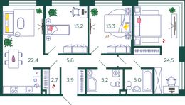 Планировка 3-комнатной квартиры, 96 м2
