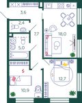 Планировка 2-комнатной квартиры, 60,3 м2