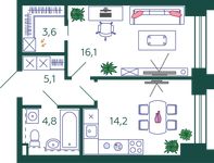 Планировка 1-комнатной квартиры, 43,8 м2