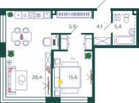 Планировка 1-комнатной квартиры, 59,4 м2
