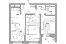 Планировка  3-комнатной квартиры, 58 м2