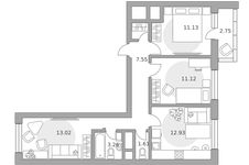 Планировка  3-комнатной квартиры, 64 м2