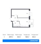 Планировка 1-комнатной квартиры, 34,99 м2