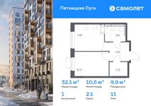 Планировка  1-комнатной квартиры, 32,07 м2