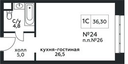 Планировка квартиры студии, 36,3 м2