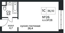 Планировка квартиры студии, 36,1 м2
