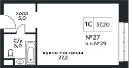 Планировка квартиры студии, 37,2 м2