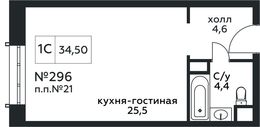 Планировка квартиры студии, 34,5 м2