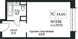 Планировка квартиры студии, 34,6 м2
