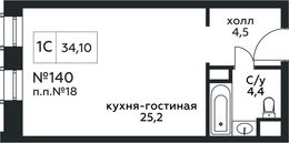 Планировка квартиры студии, 34,1 м2